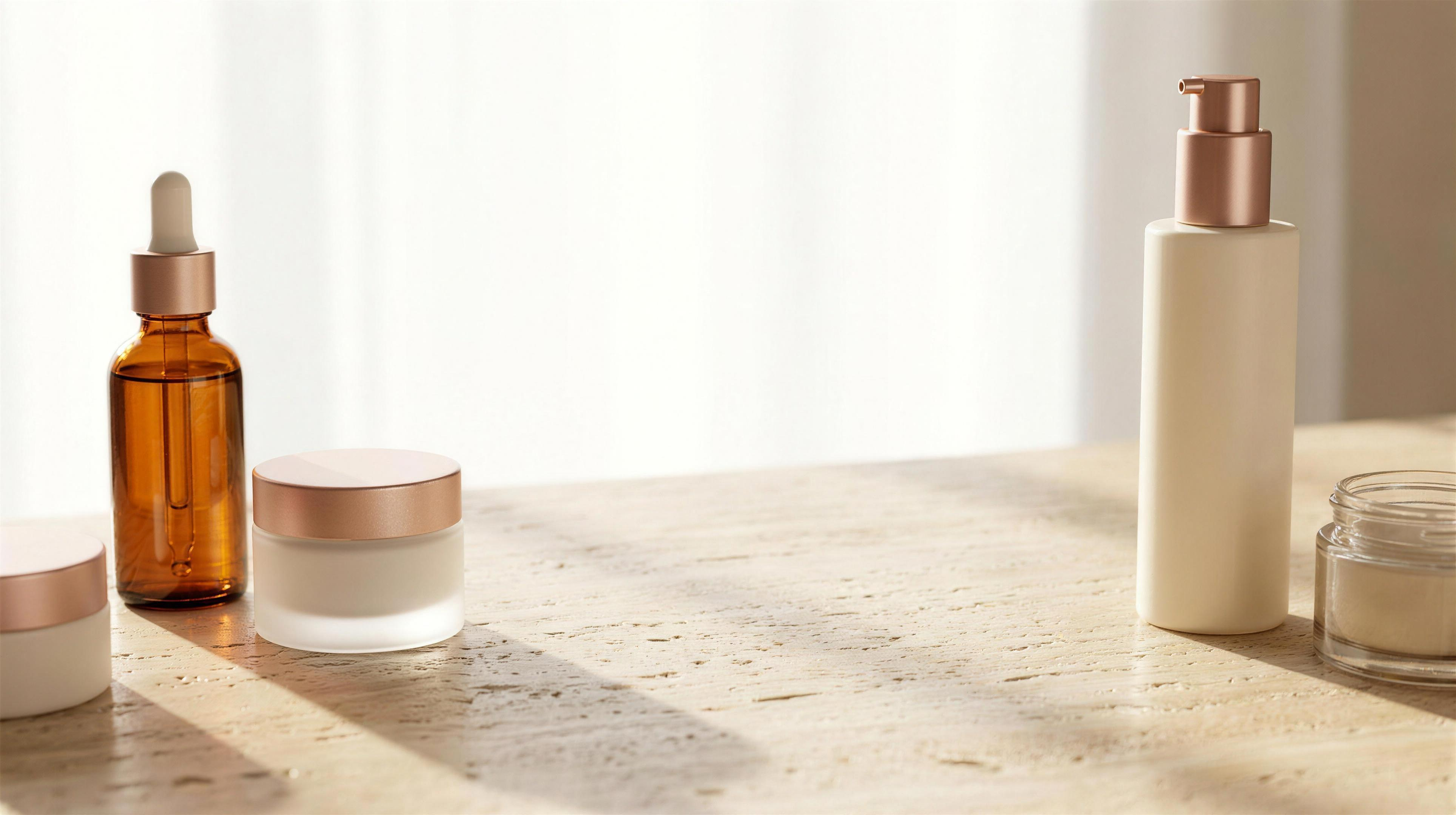 Frascos de skincare sobre piedra cálida con luz suave — Lisbon